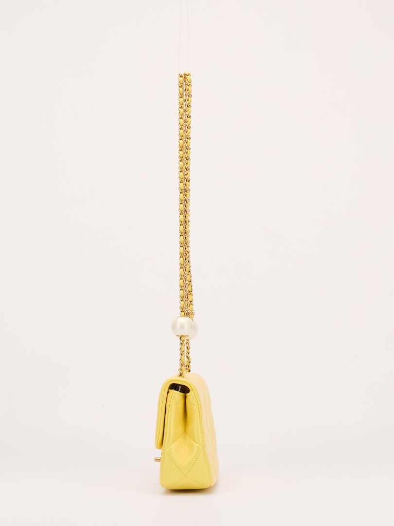 Iridescent Yellow Lambskin Quilted Mini Pearl Crush Flap Bag With GHW