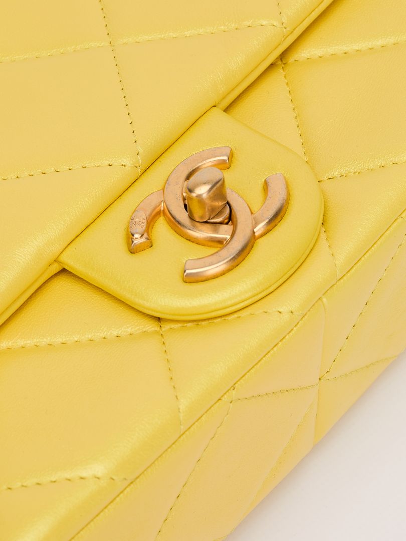 Iridescent Yellow Lambskin Quilted Mini Pearl Crush Flap Bag With GHW