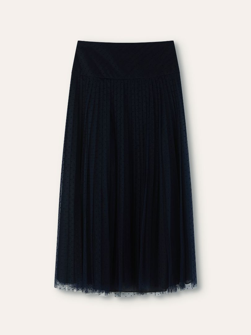Navy Mid Length Pleated Tulle Skirt