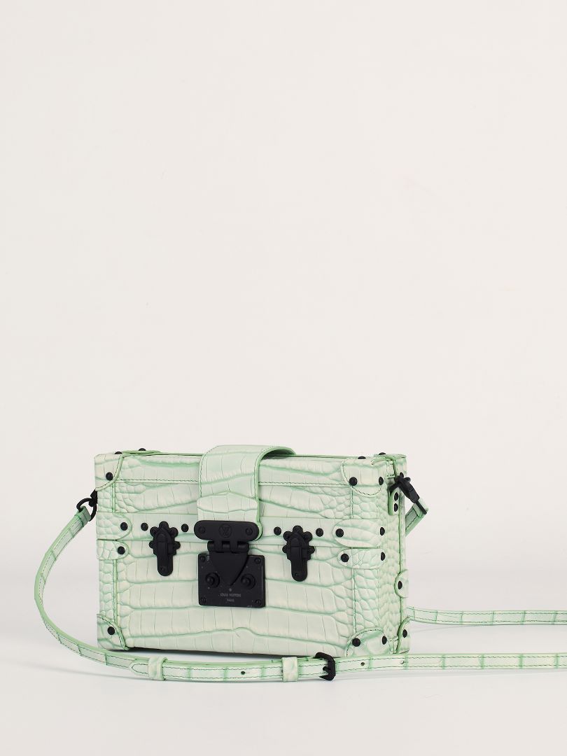 Light Green Alligator Leather Petite Malle Bag with Black HW