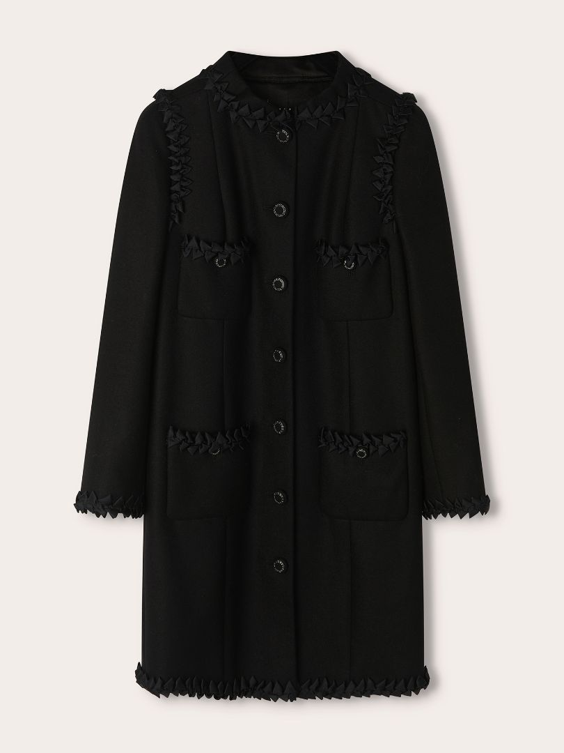 Black Ruffle Wool-Cashmere Coat