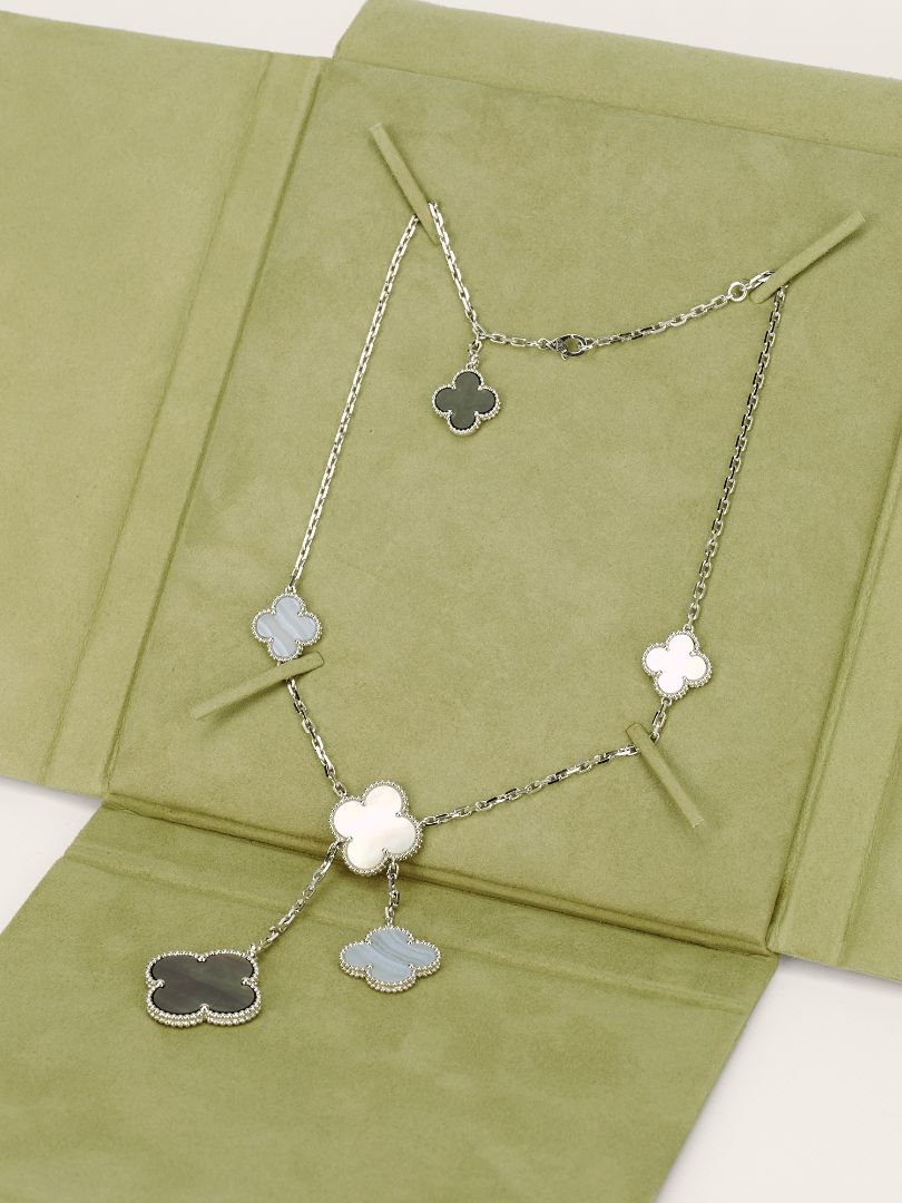 White Gold Magic Alhambra White & Grey Mother Of Pearl & Chalcedony 6 Motifs Necklace