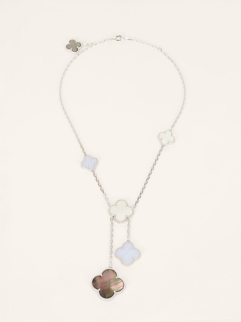 White Gold Magic Alhambra White & Grey Mother Of Pearl & Chalcedony 6 Motifs Necklace