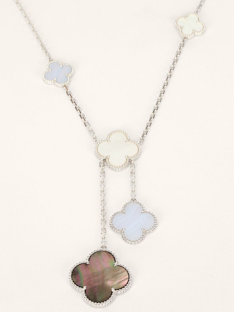 White Gold Magic Alhambra White & Grey Mother Of Pearl & Chalcedony 6 Motifs Necklace