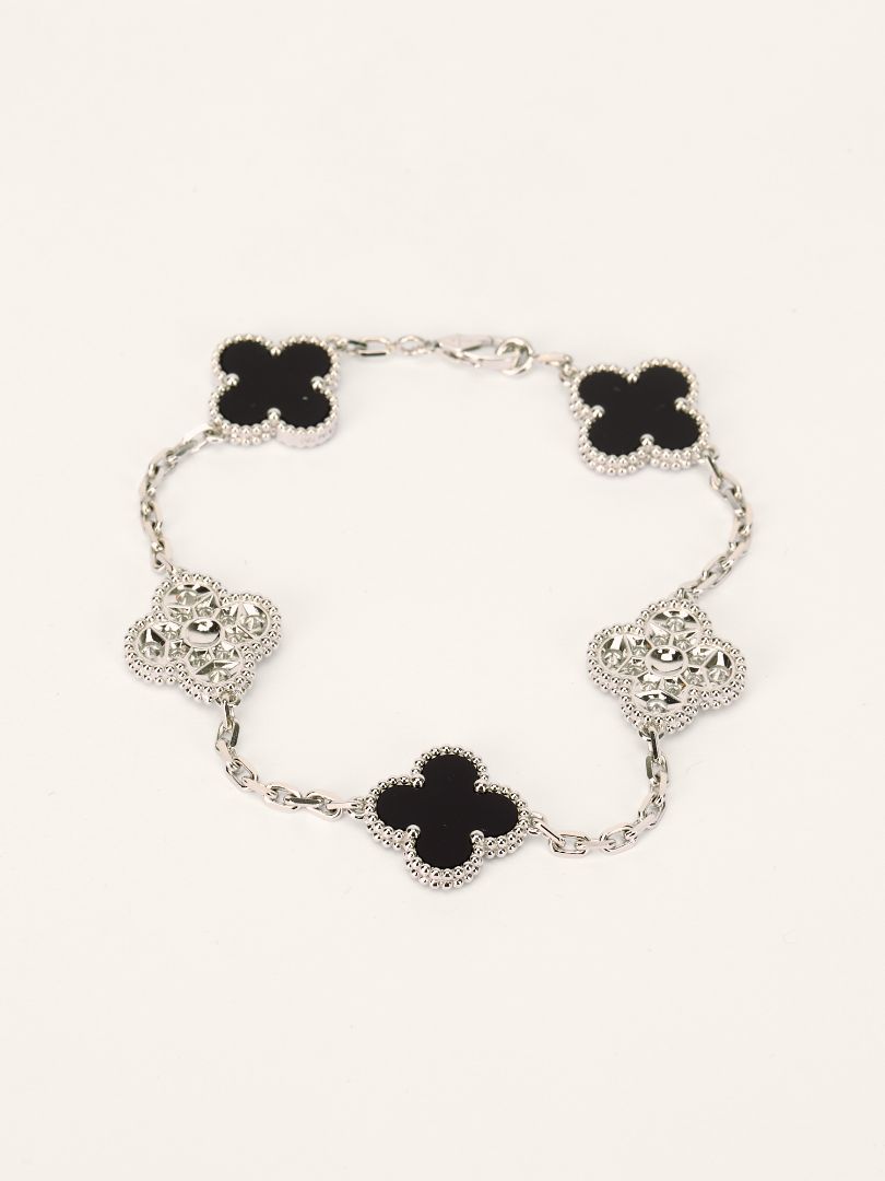 Vintage Alhambra White Gold Onyx & Diamond 5 Motifs Bracelet
