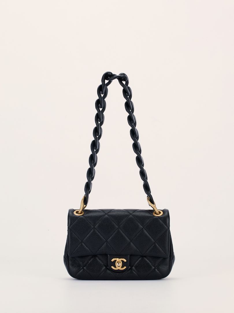 Black Mini Caviar Quilted Flap Bag with Leather Chainlink Strap