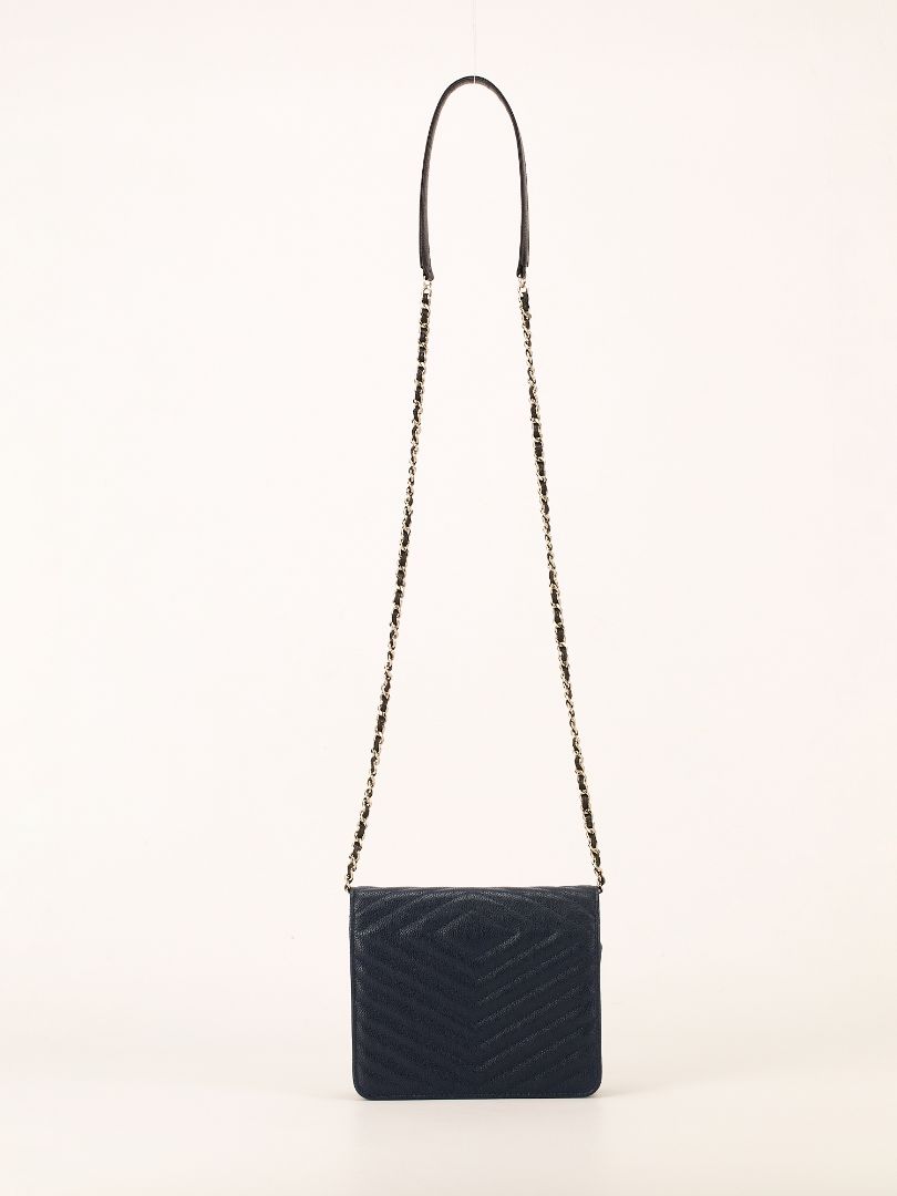 Navy Square Chevron Caviar Wallet On Chain With SHW