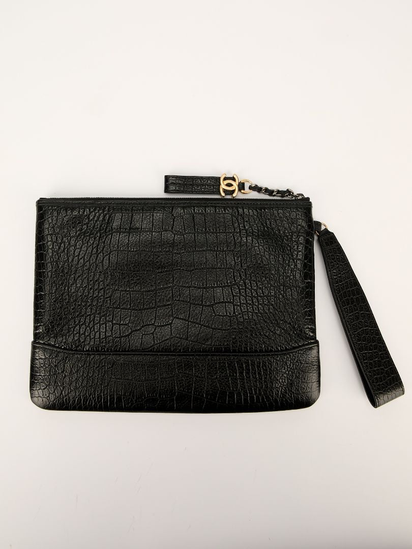 Black Crocodile Embossed Wristlet Clutch