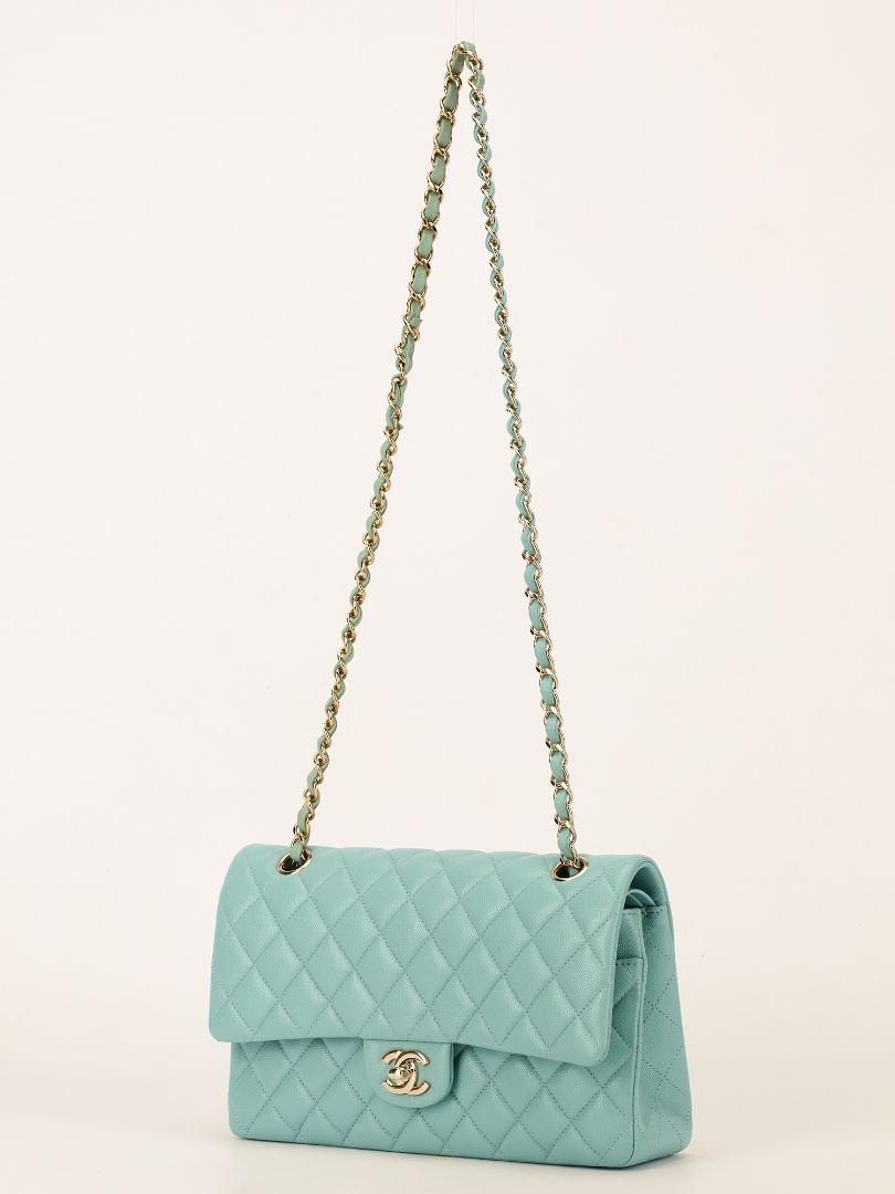 Tiffany Blue Medium Quilted Caviar Classic Double Flap Bag With Champagne HW