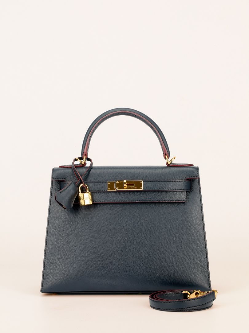 Kelly Contour Sellier 28 Blue Indigo & Rouge H Veau Epsom With GHW 2015 T Stamp