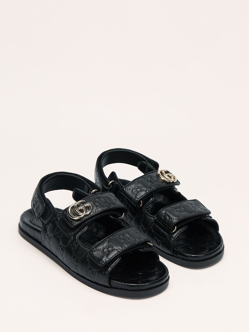 Black Double G Debossed Leather Sandal