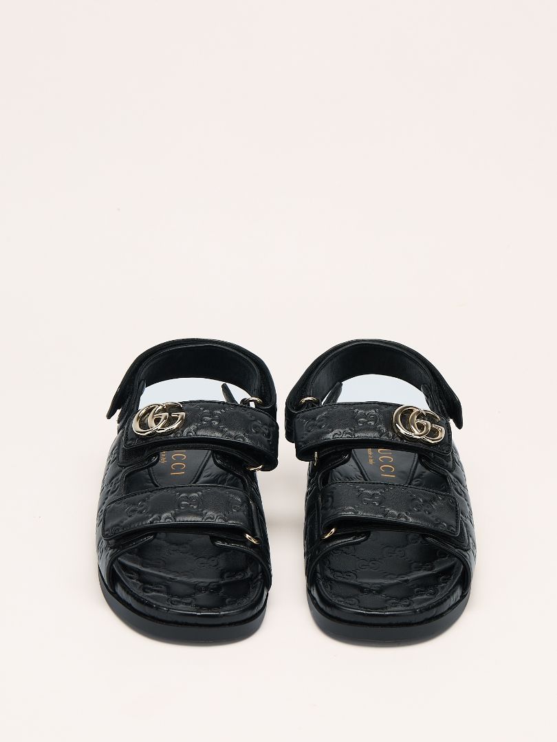 Black Double G Debossed Leather Sandal