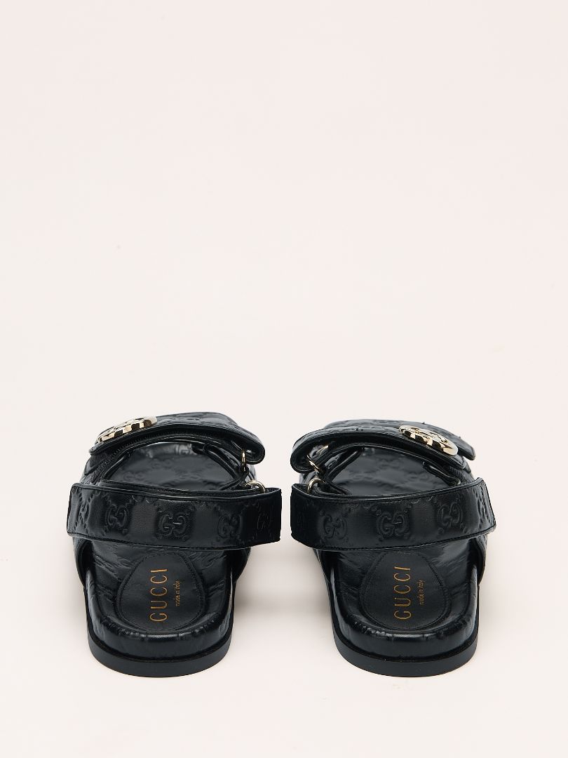 Black Double G Debossed Leather Sandal