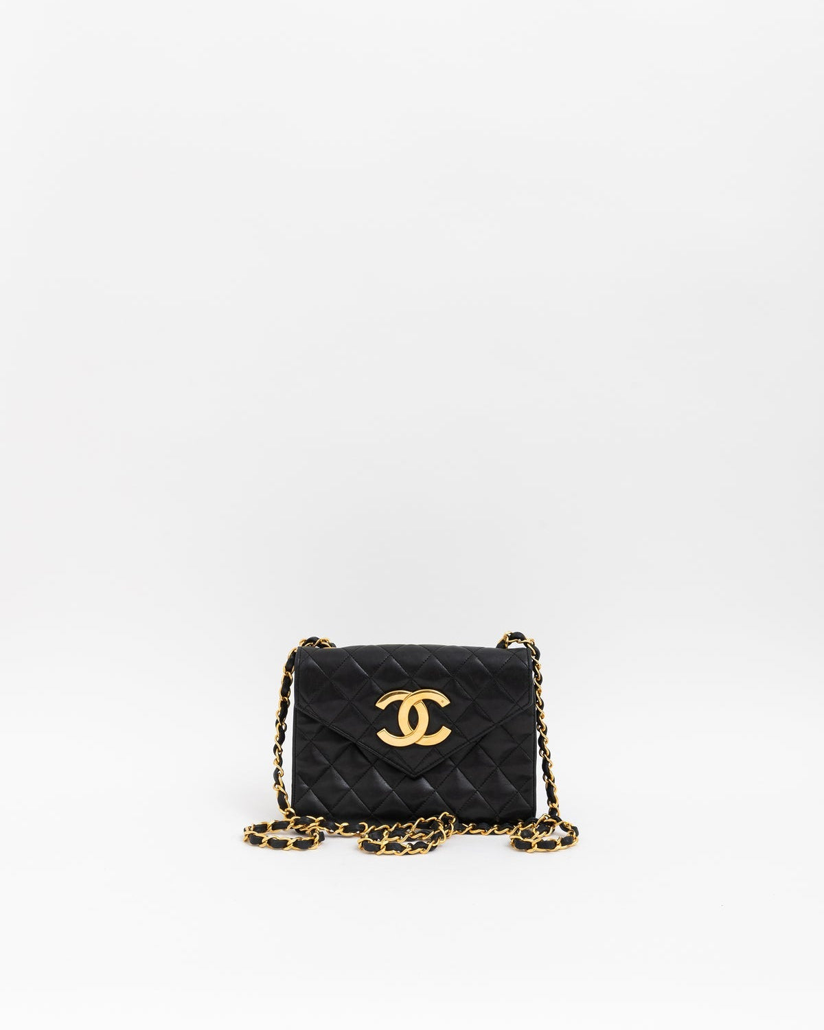 Chanel Vintage Black Quilted Leather Envelope Bag with Gold Chain