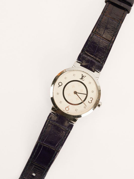 Silver & Navy Q1E01 Tambour Slim Monogram Watch