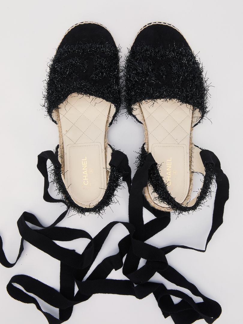 Black CC Suede Metallic Fringe Espadrilles