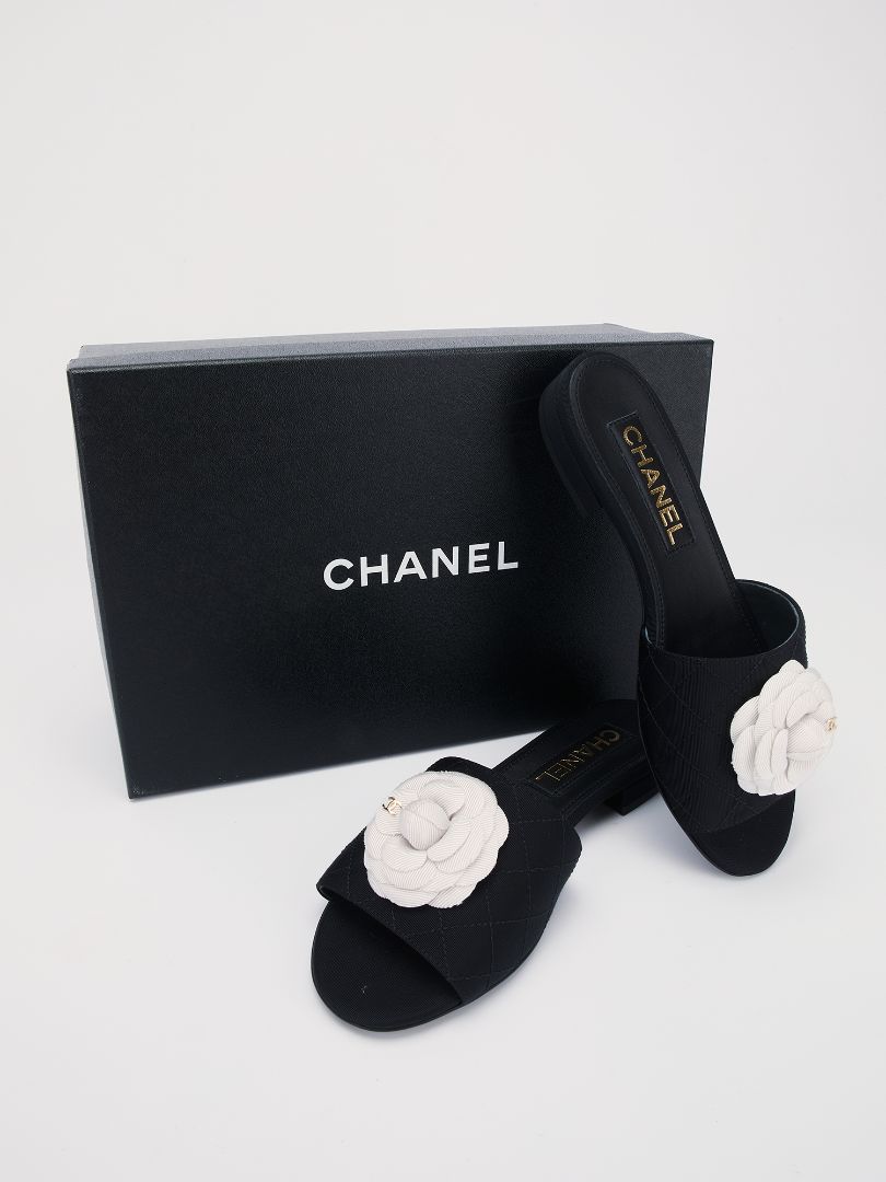 Black & White Camellia Mules
