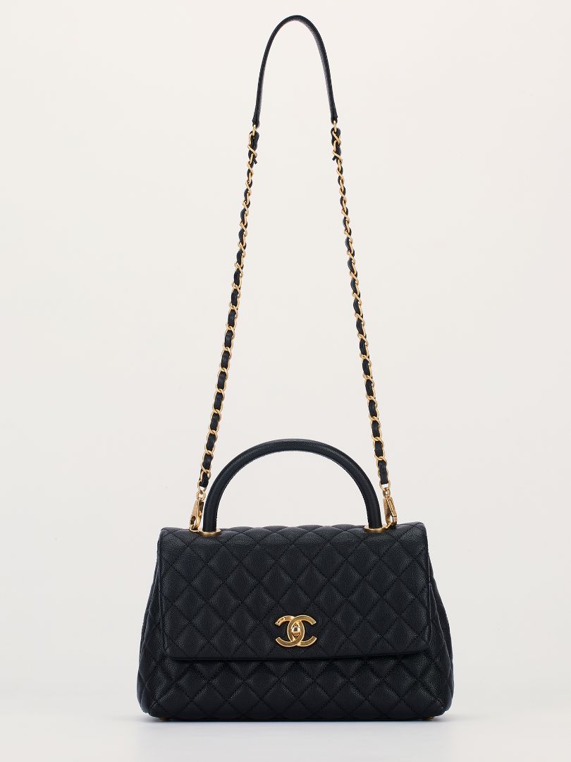 Black Medium Coco Quilted Caviar Handle Bag With GHW