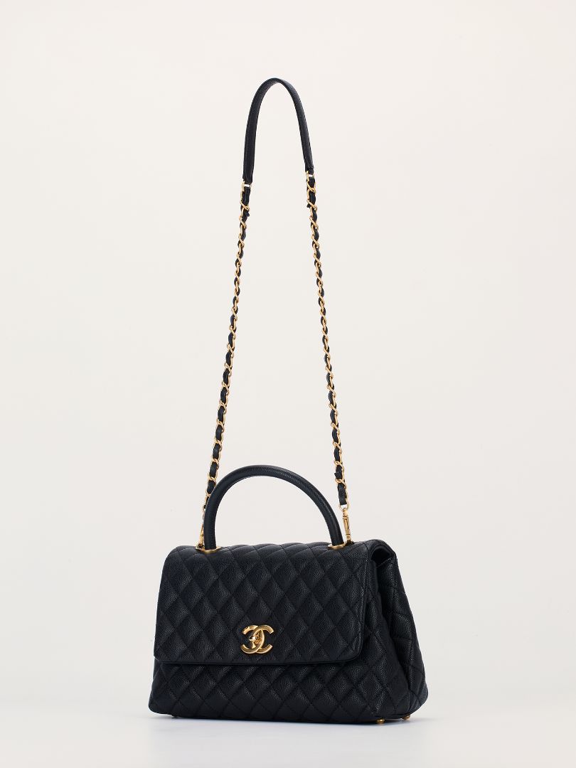 Black Medium Coco Quilted Caviar Handle Bag With GHW