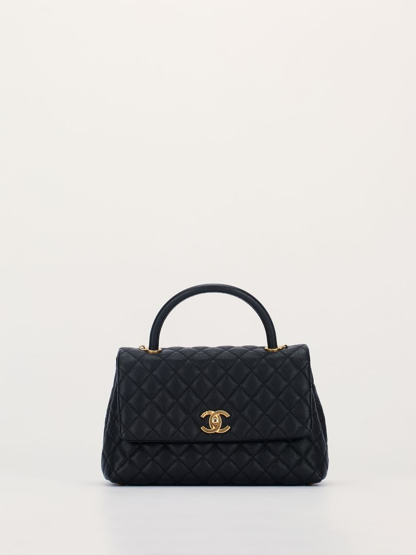 Black Medium Coco Quilted Caviar Handle Bag With GHW