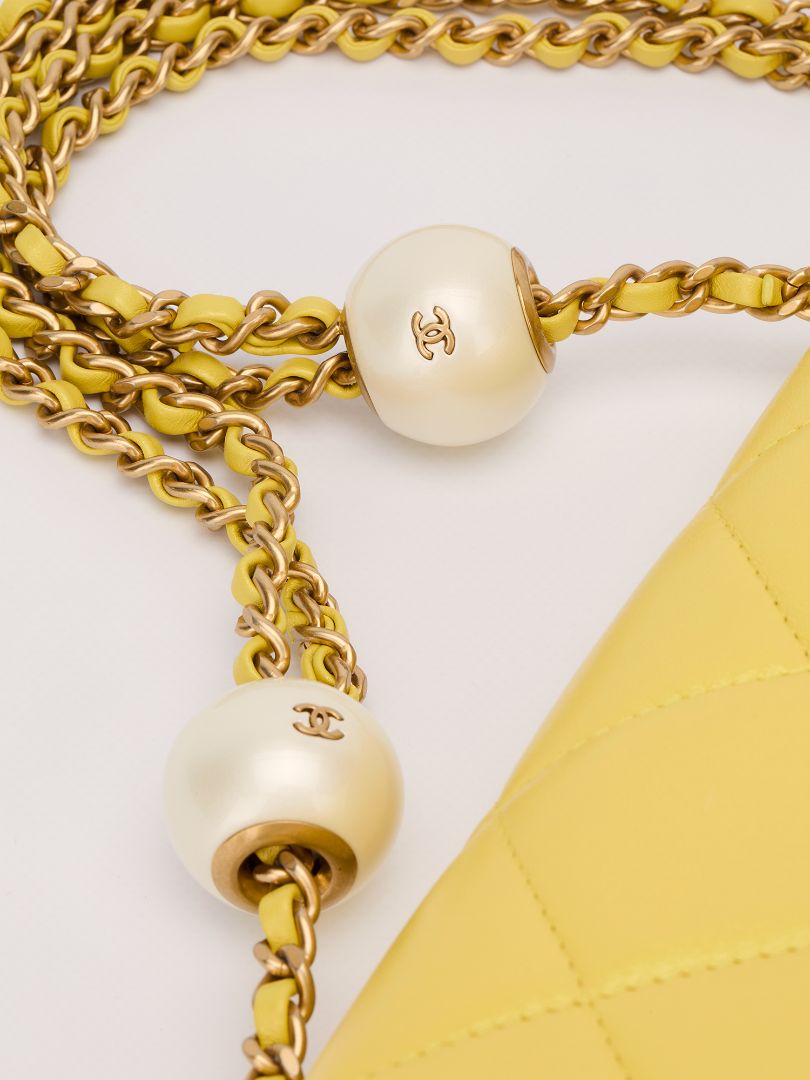 Iridescent Yellow Lambskin Quilted Mini Pearl Crush Flap Bag With GHW