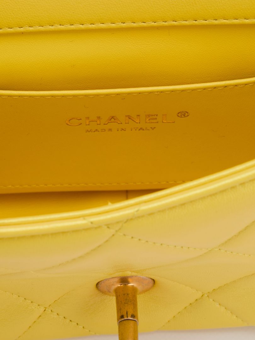 Iridescent Yellow Lambskin Quilted Mini Pearl Crush Flap Bag With GHW