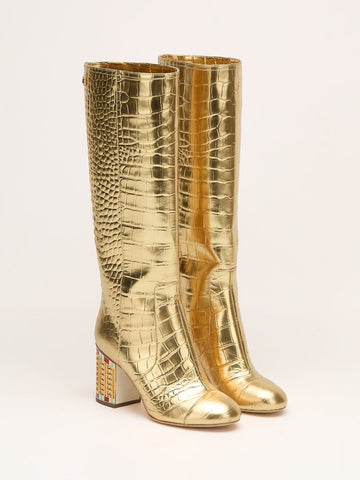 Gold Croc Embossed Metallic Knee High Boots