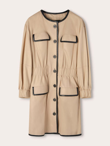 Beige & Black Mid-Length Leather Coat
