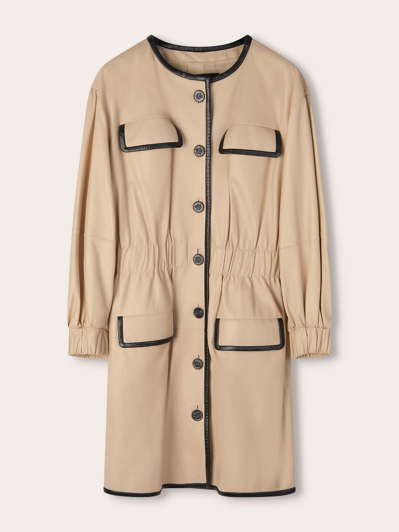 Beige & Black Mid-Length Leather Coat