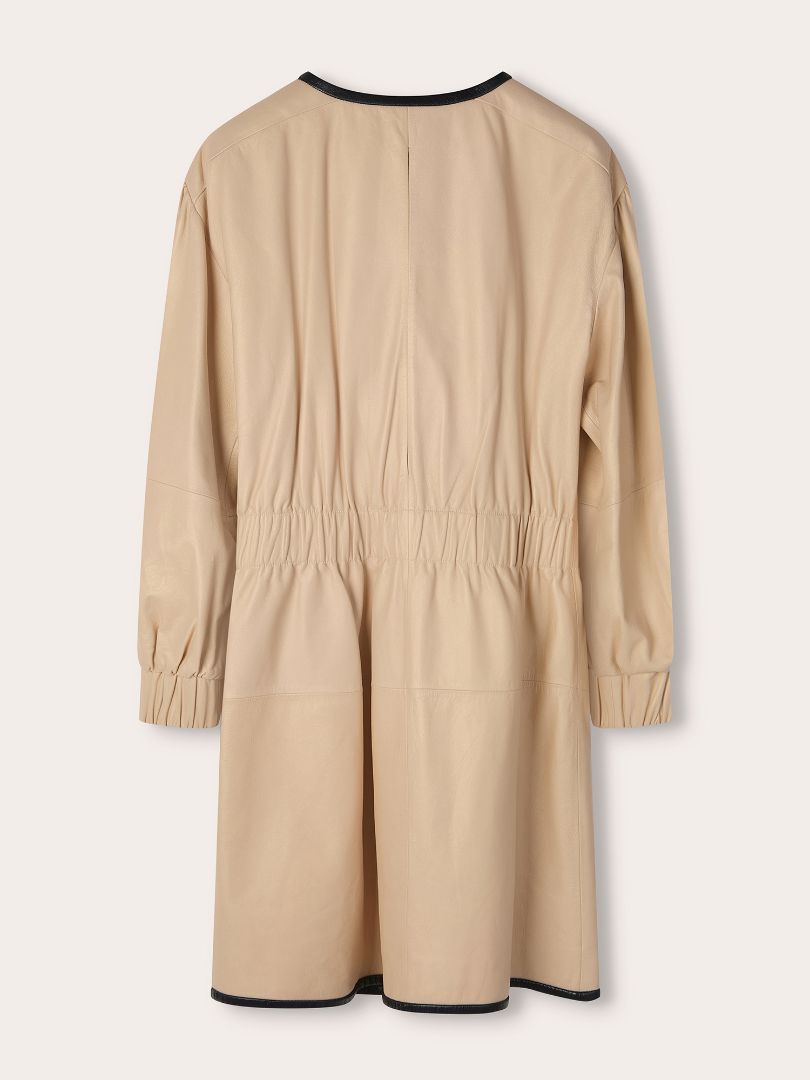 Beige & Black Mid-Length Leather Coat
