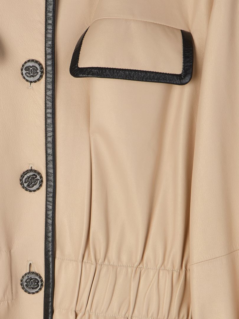 Beige & Black Mid-Length Leather Coat