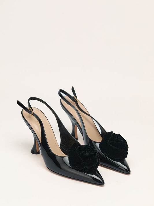 Black Patent Leather Slingback Pumps With Velvet Rose