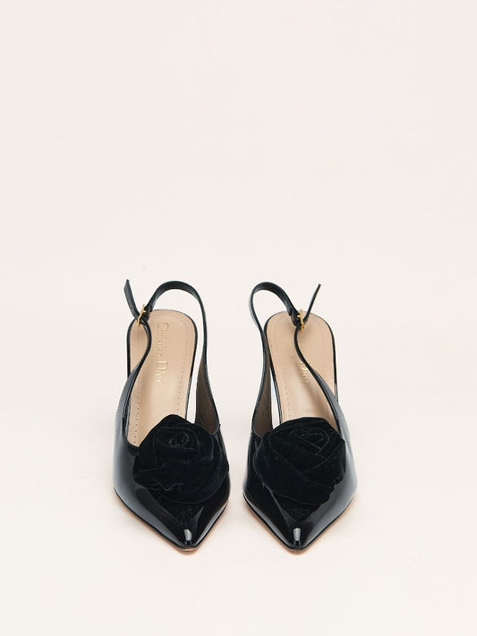 Black Patent Leather Slingback Pumps With Velvet Rose