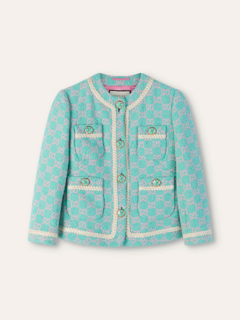 Turquoise Macro GG Tweed Jacket & Skirt Set