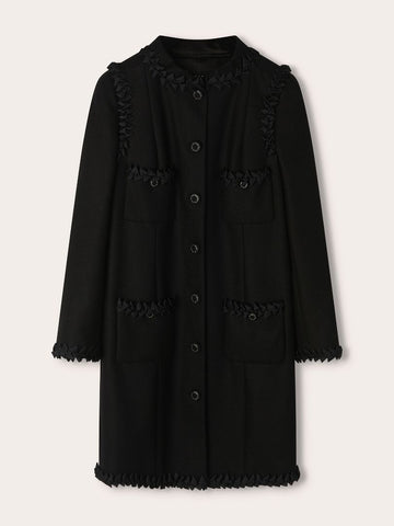 Black Ruffle Wool-Cashmere Coat