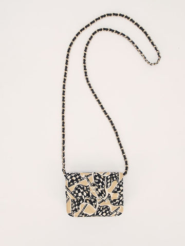 Black & Beige Flap Quilted Card Holder on Chain with GHW
