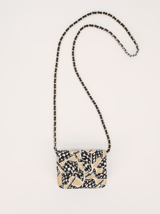 Black & Beige Flap Quilted Card Holder on Chain with GHW