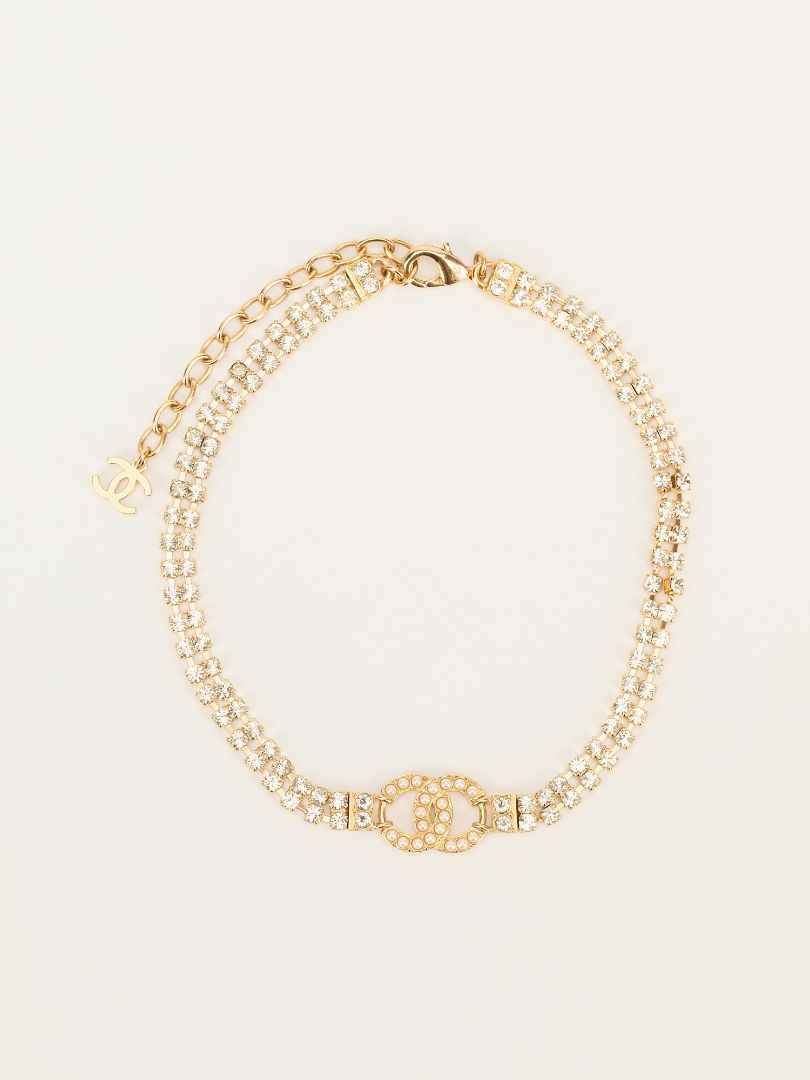 Gold CC Pearl Choker Necklace