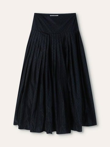 Navy Dotted Tulle Pleated Midi Skirt