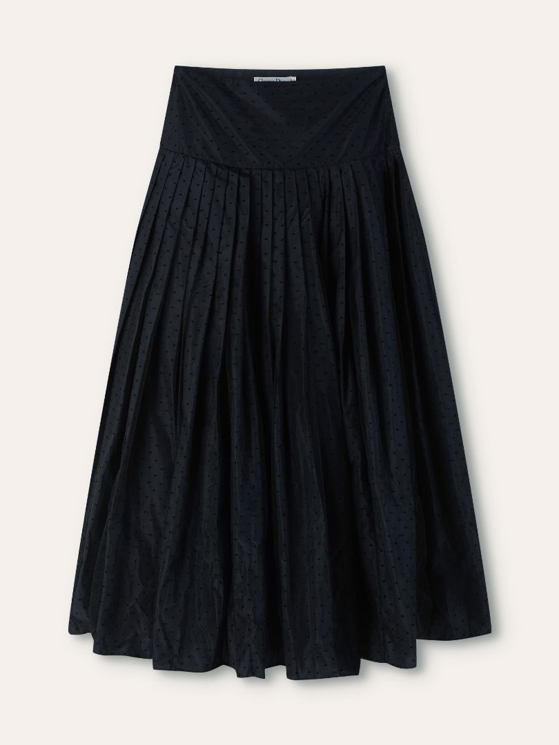Navy Dotted Tulle Pleated Midi Skirt