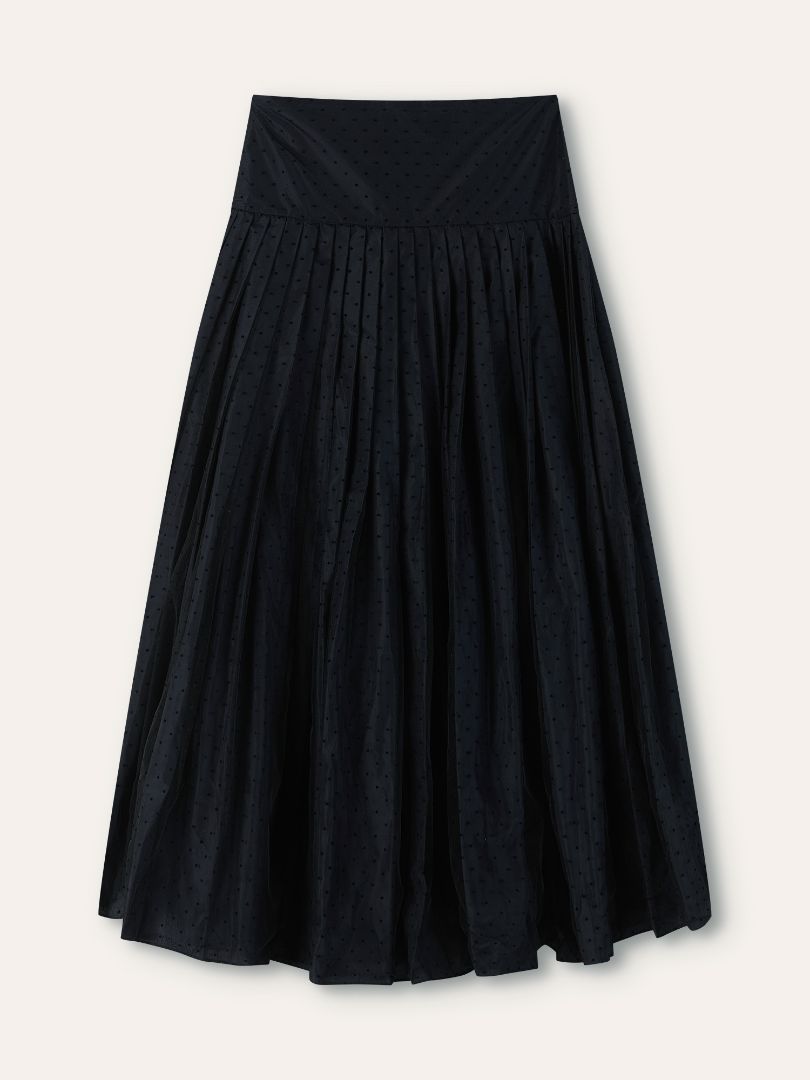 Navy Dotted Tulle Pleated Midi Skirt