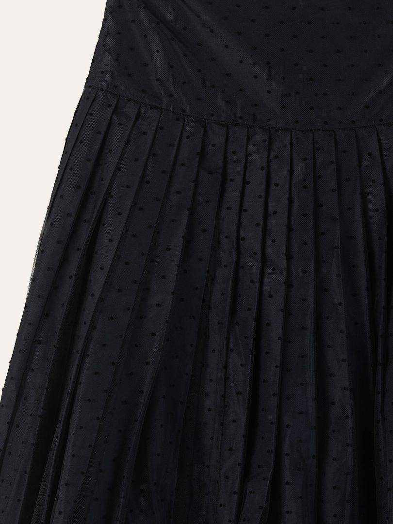 Navy Dotted Tulle Pleated Midi Skirt
