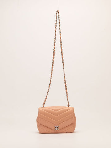 Blush Pink Small Chevron Flap Bag With SHW