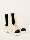 White & Black Lambskin Riveted Cap Toe Boots