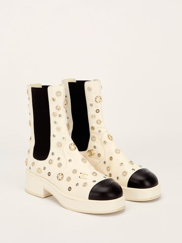 White & Black Lambskin Riveted Cap Toe Boots