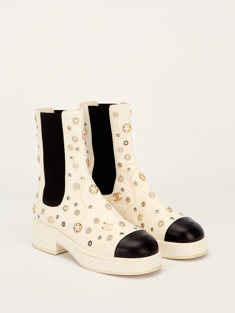 White & Black Lambskin Riveted Cap Toe Boots