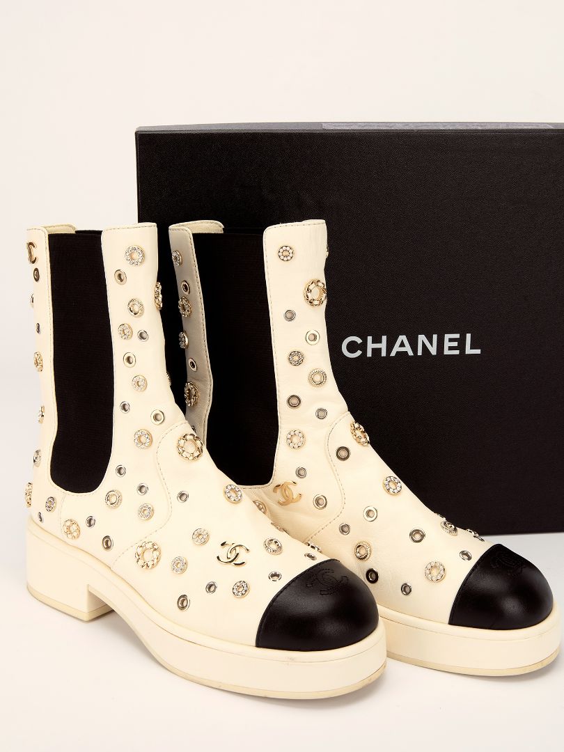 White & Black Lambskin Riveted Cap Toe Boots