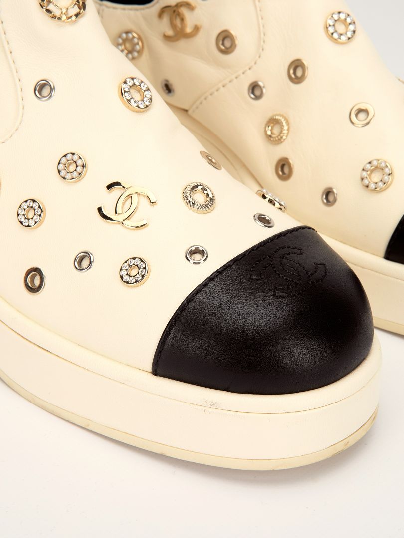 White & Black Lambskin Riveted Cap Toe Boots