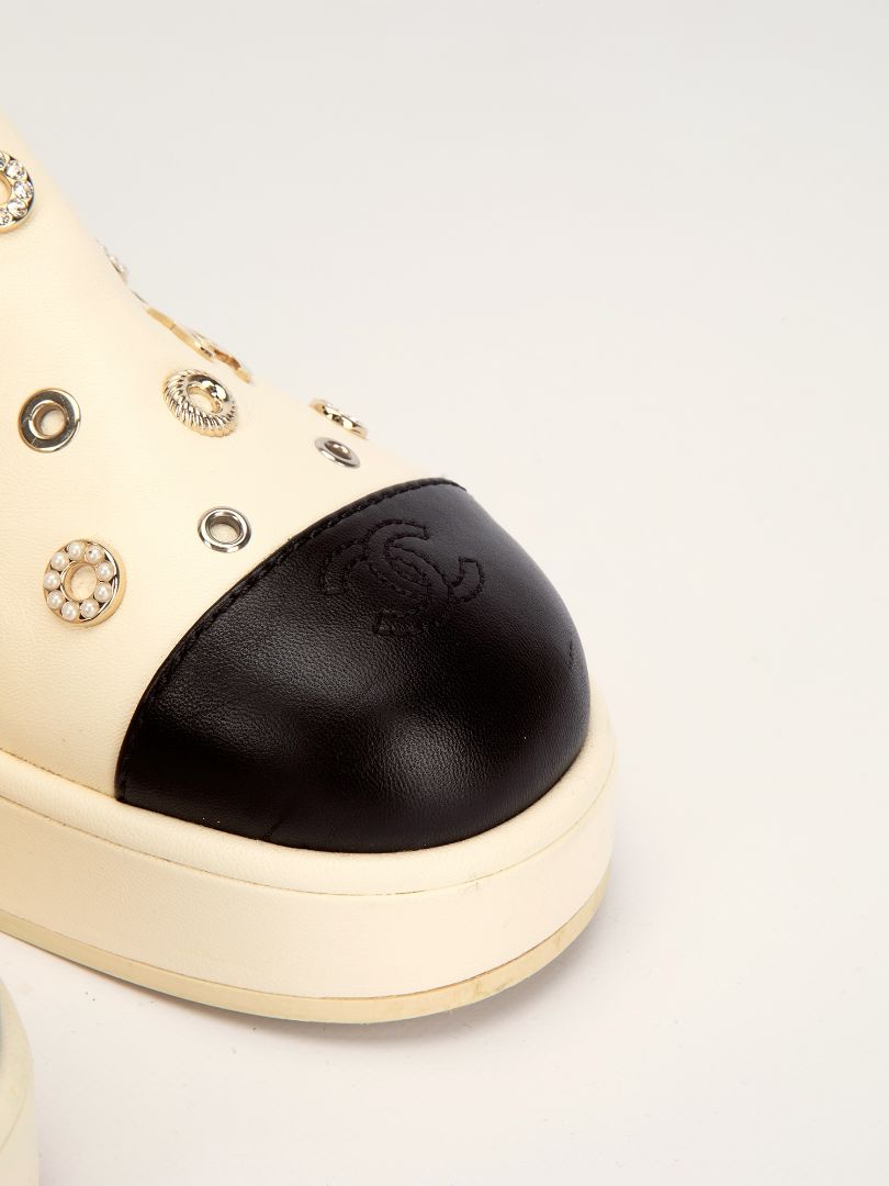 White & Black Lambskin Riveted Cap Toe Boots