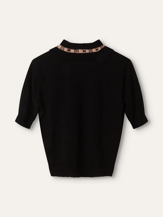 Black & Pink Ruffled Knit Top With Scarf Detail